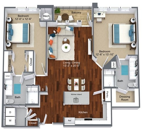 Floor plan for 2 beds, 2 baths, 1267 sqft